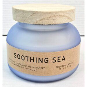 New Soothing Sea Scented Candle 15 Oz Blue Frosted Glass Wooden Lid Relaxation
